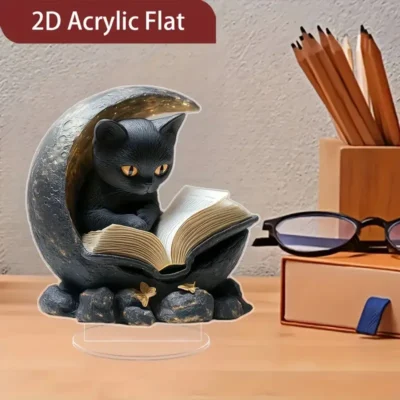 Charmant chat noir 2D plat en acrylique